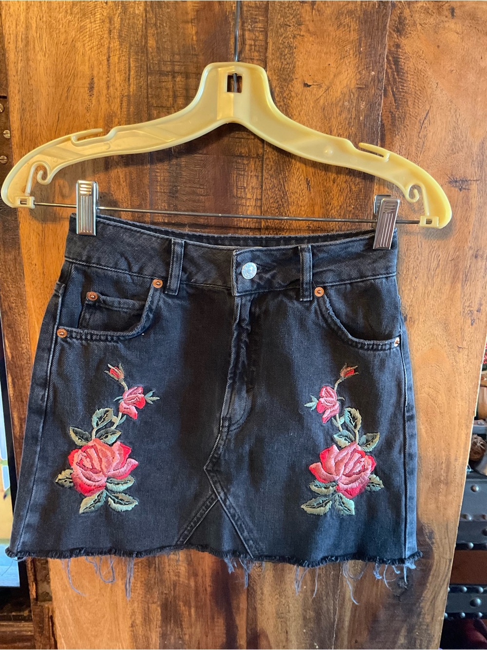 Topshop Black Denim Mini Skirt with Rose Embroidery
